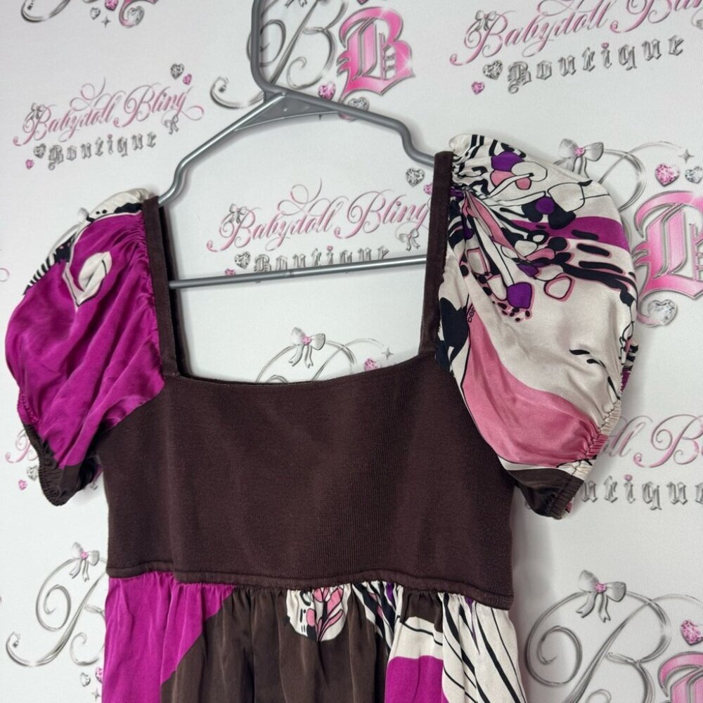 Bebe dress silk floral brown puff shoulders adorable y2k rare 2000s babydoll - Picture 10 of 13